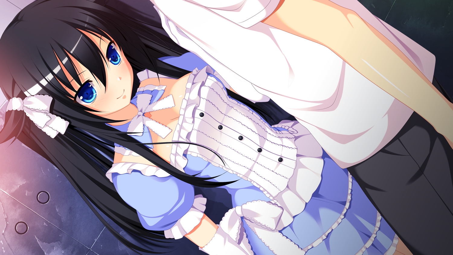 3rd_eye, black_hair, blue_eyes, bow, breasts, cleavage, dress, game_cg