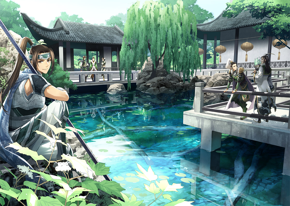 00111, all_male, armor, brown_eyes, brown_hair, jiang_wei, liu_bel, liu_shan, male, reflection, shin_sangoku_musou, tree, water, weapon, xing_cai, zhao_yun, zhuge_liang