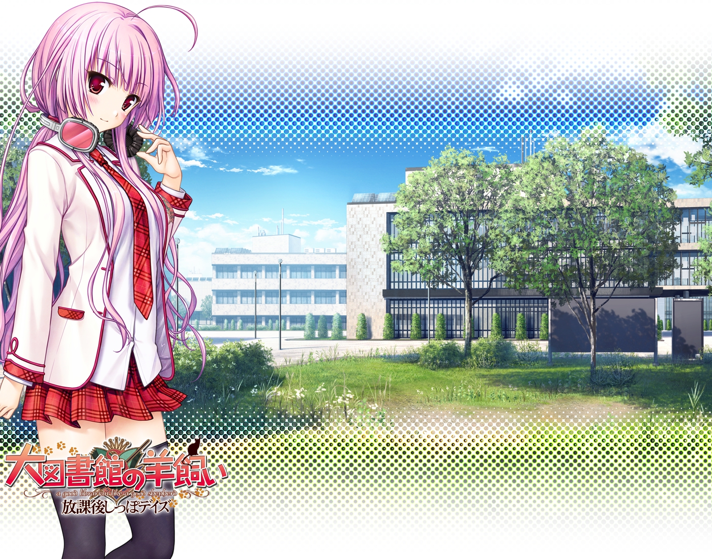 daitoshokan_no_hitsujikai, headphones, long_hair, natsuno_io, pink_hair, school_uniform, skirt, thighhighs, tie, toki_nozomi
