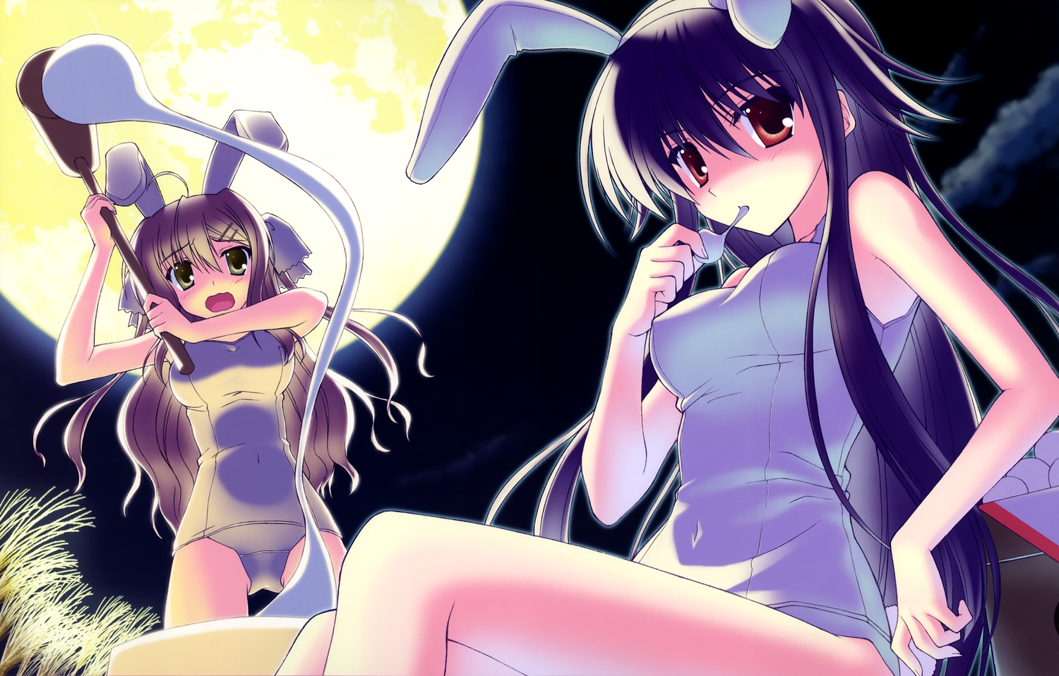 2girls, animal_ears, bunny_ears, bunnygirl, calendar_girl, food, kurosawa_shizuki, long_hair, moon, nanao_naru, night, scan, school_swimsuit, swimsuit, takanashi_cocone
