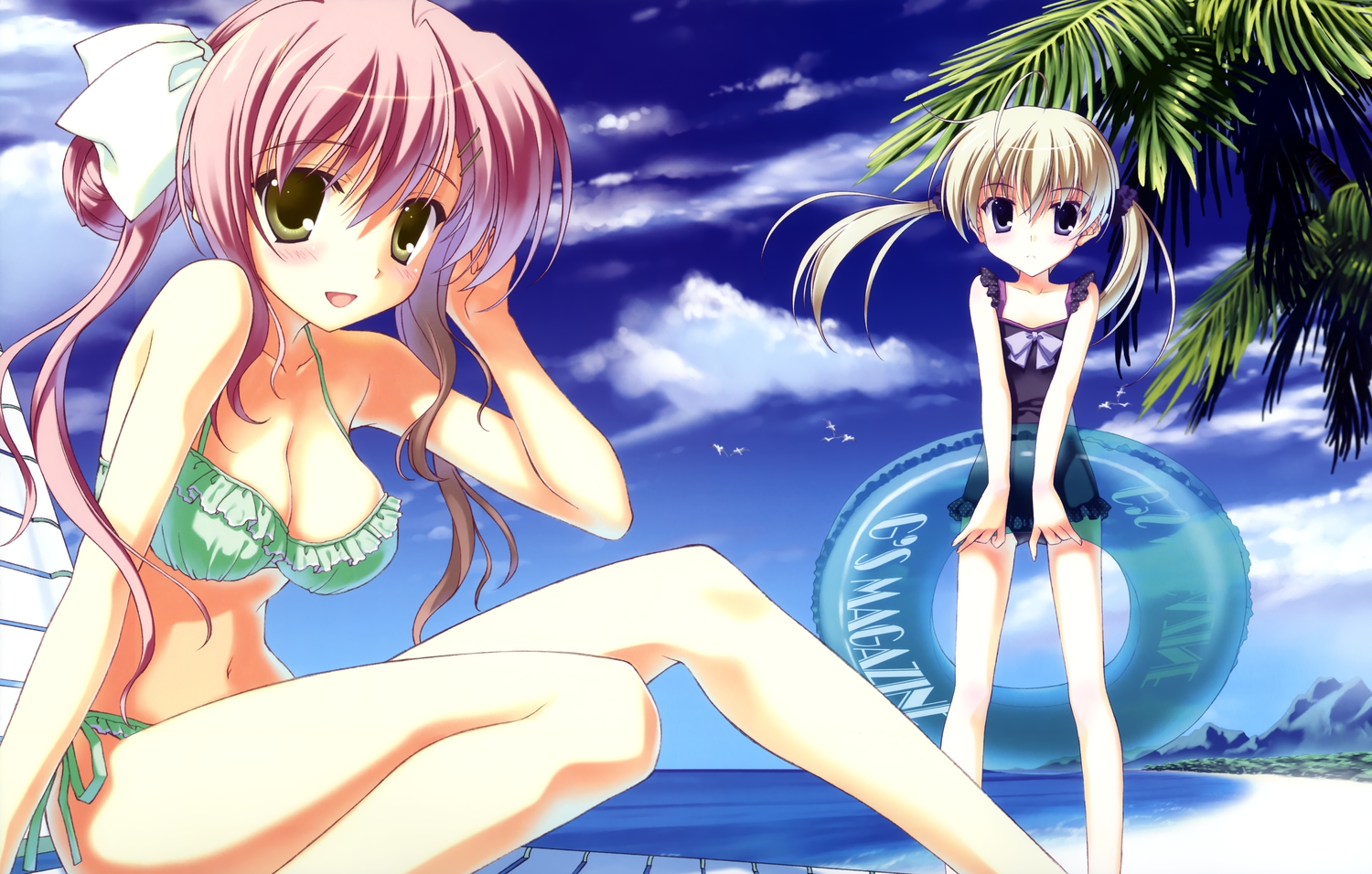 2girls, beach, bikini, calendar_girl, nanao_naru, swimsuit, takanashi_cocone, umi_yukino