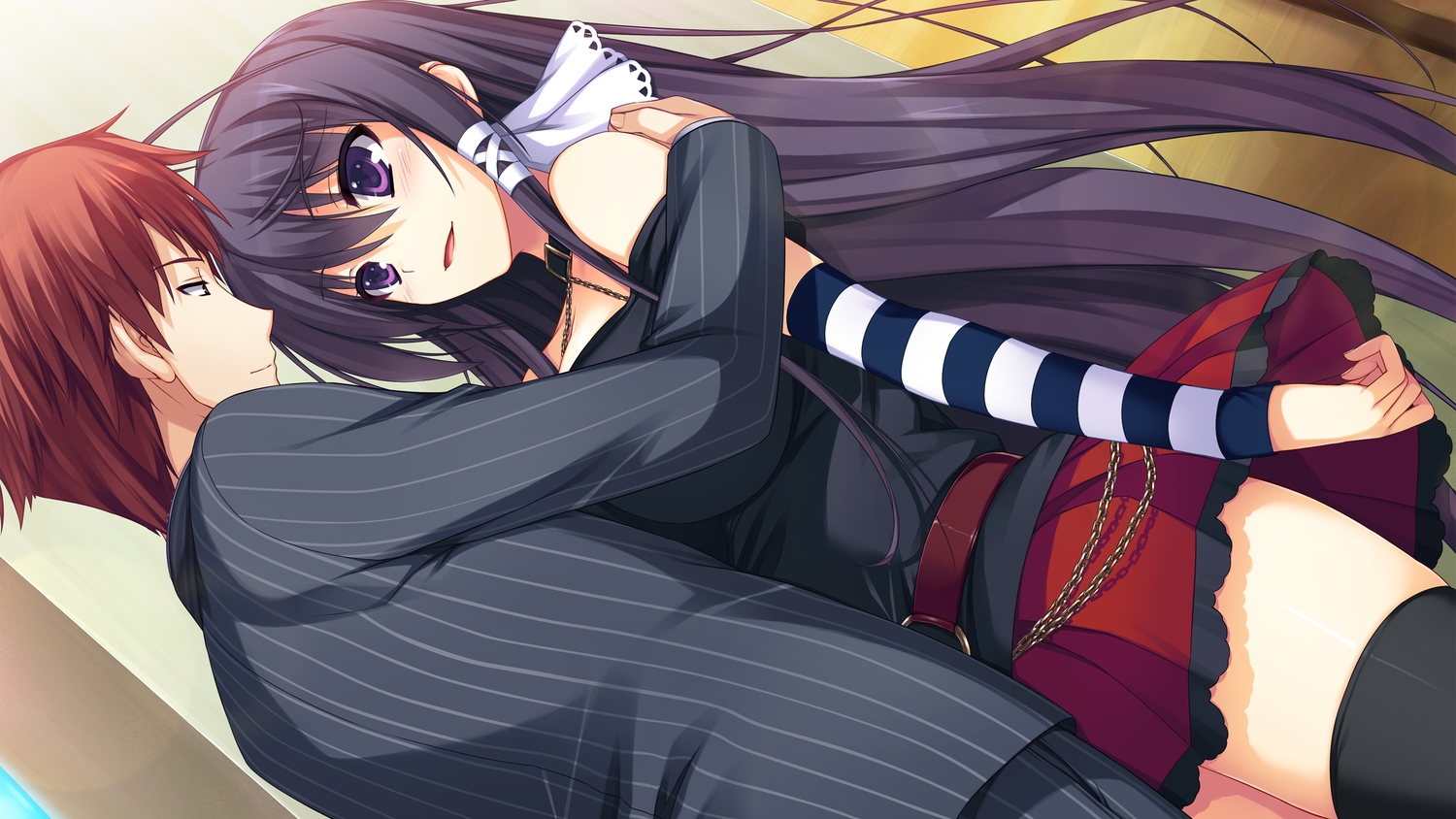 black_hair, choker, game_cg, hug, long_hair, mizuno_rin, purple_eyes, red_hair