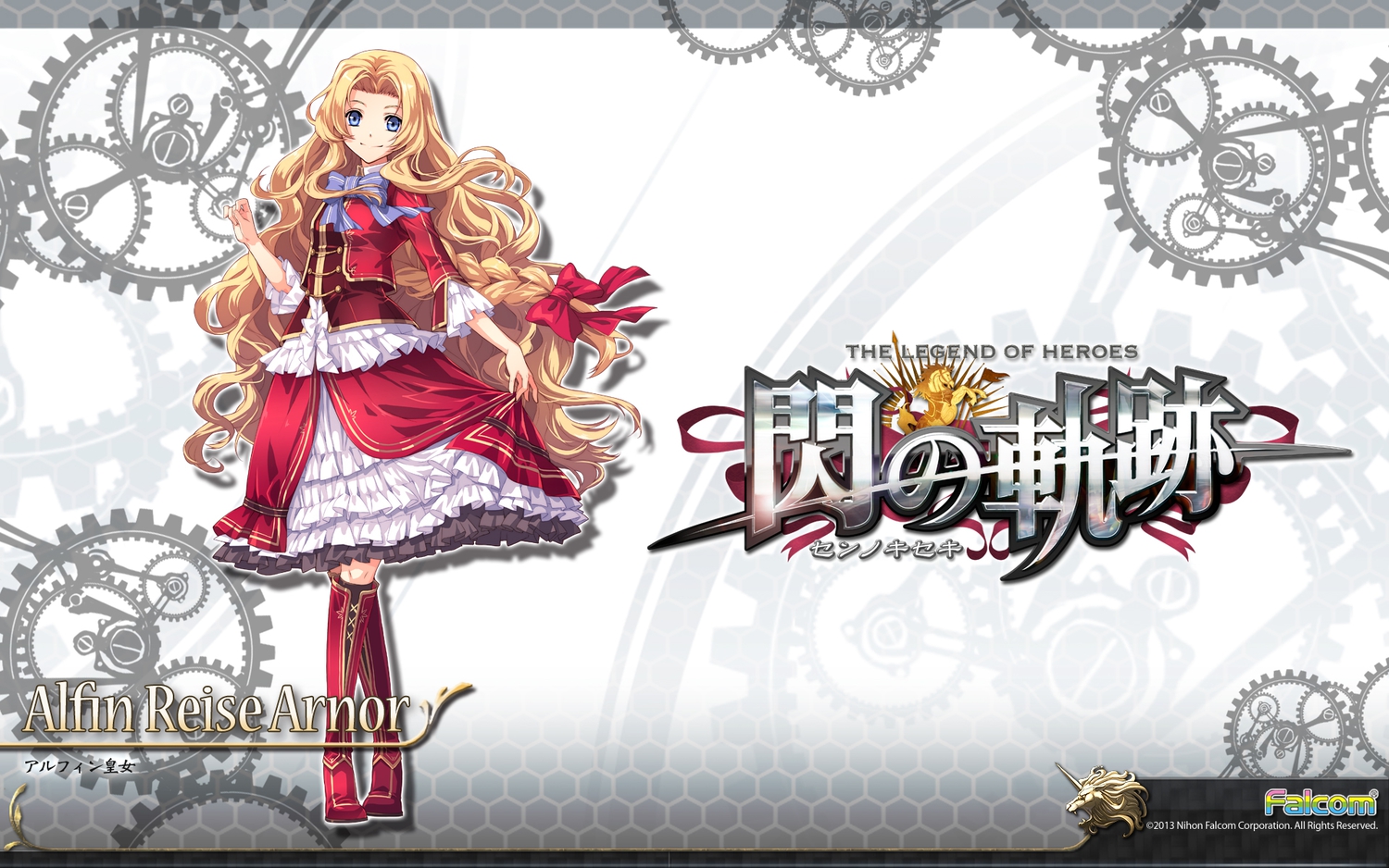 alfin_reise_arnor, blonde_hair, blue_eyes, boots, bow, dress, eiyuu_densetsu, falcom, logo, long_hair, sen_no_kiseki, watermark