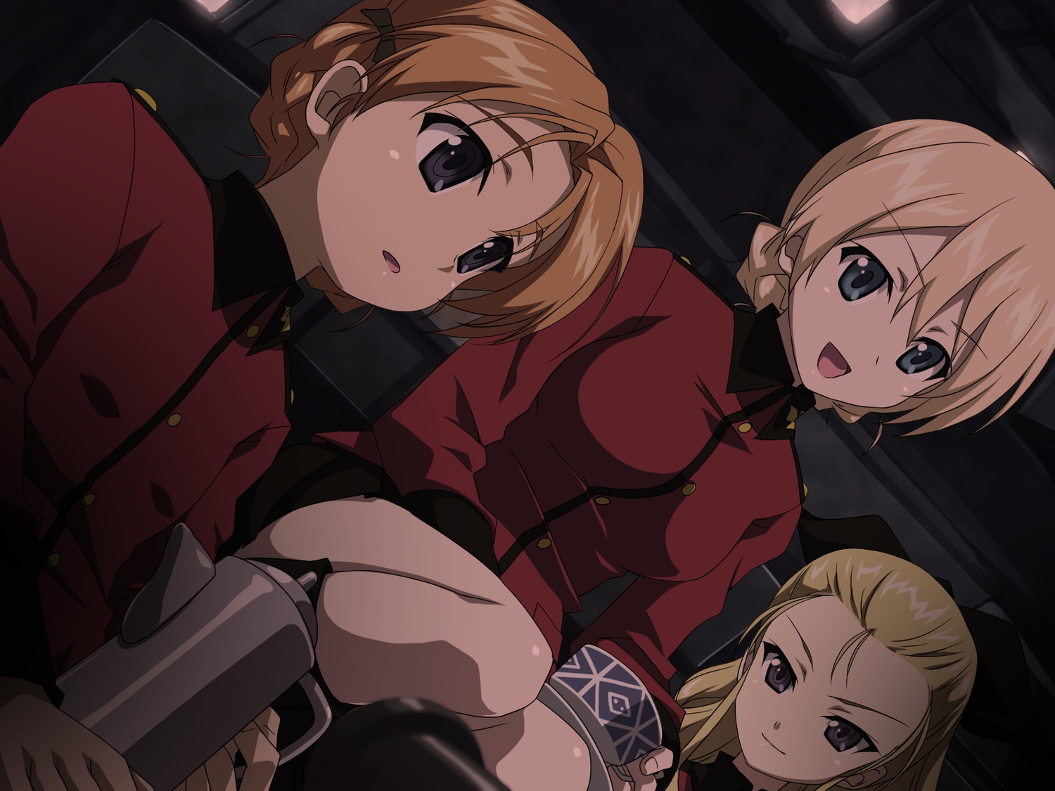assam_(girls_und_panzer), black_eyes, blonde_hair, bow, darjeeling_(girls_und_panzer), drink, girls_und_panzer, green_eyes, long_hair, orange_hair, orange_pekoe_(girls_und_panzer), parsec_ten, short_hair, uniform