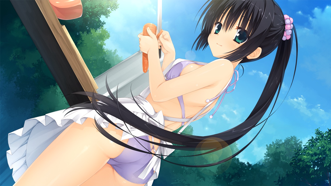 amagiri_yune, amairo_islenauts, apron, bikini, black_hair, food, game_cg, green_eyes, knife, long_hair, muririn, ponytail, swimsuit, weapon, yuzusoft