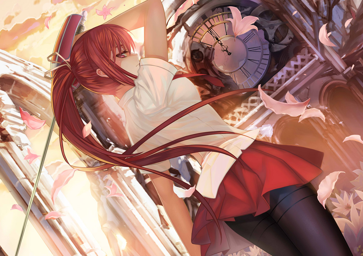 flowers, original, paku, pantyhose, petals, red_hair, sword, weapon