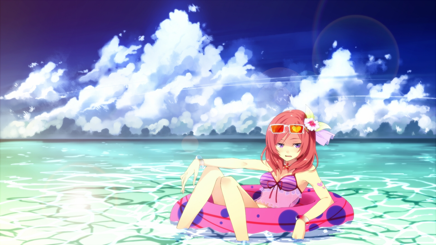 bikini, clouds, dennou_kare, love_live!_school_idol_project, nishikino_maki, purple_eyes, red_hair, sky, sunglasses, swimsuit, water