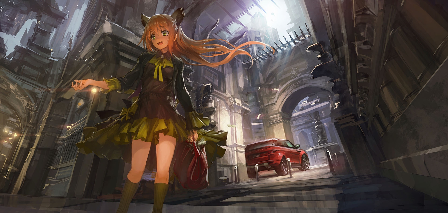 animal_ears, brown_hair, car, green_eyes, jpeg_artifacts, lm7_(op-center), original