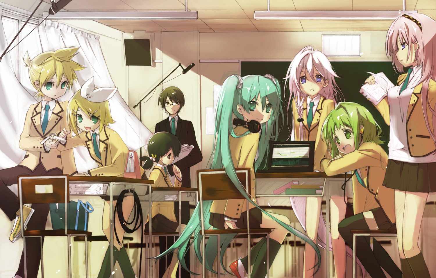 computer, group, gumi, hatsune_miku, headphones, hekicha, hiyama_kiyoteru, ia, kaai_yuki, kagamine_len, kagamine_rin, male, megurine_luka, microphone, school_uniform, vocaloid