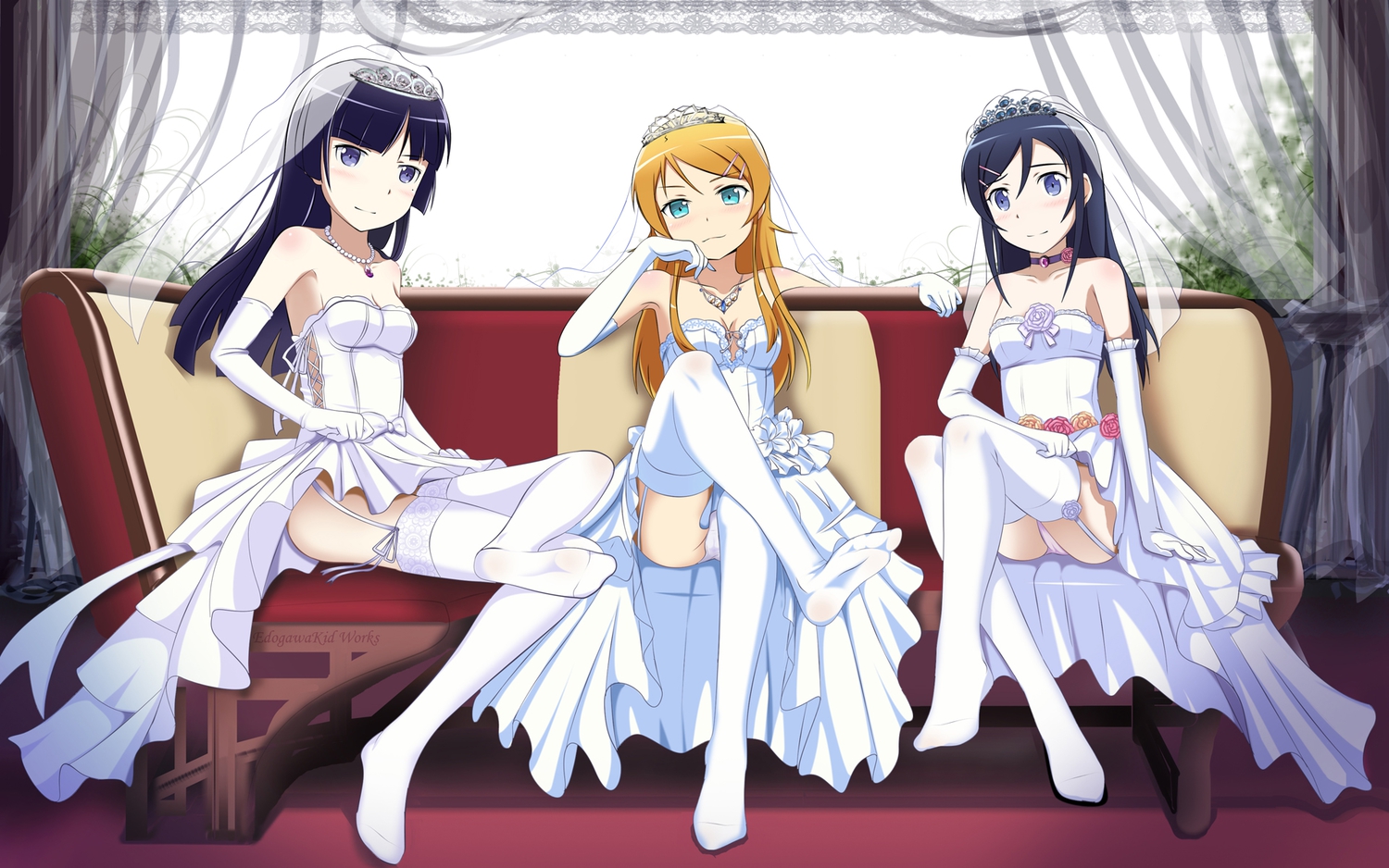aragaki_ayase, black_hair, blonde_hair, blue_eyes, blush, breasts, choker, cleavage, couch, edogawakid, elbow_gloves, garter, garter_belt, gloves, gokou_ruri, headdress, kousaka_kirino, necklace, ore_no_imouto_ga_konna_ni_kawaii_wake_ga_nai, panties, stockings, thighhighs, underwear, wedding_attire