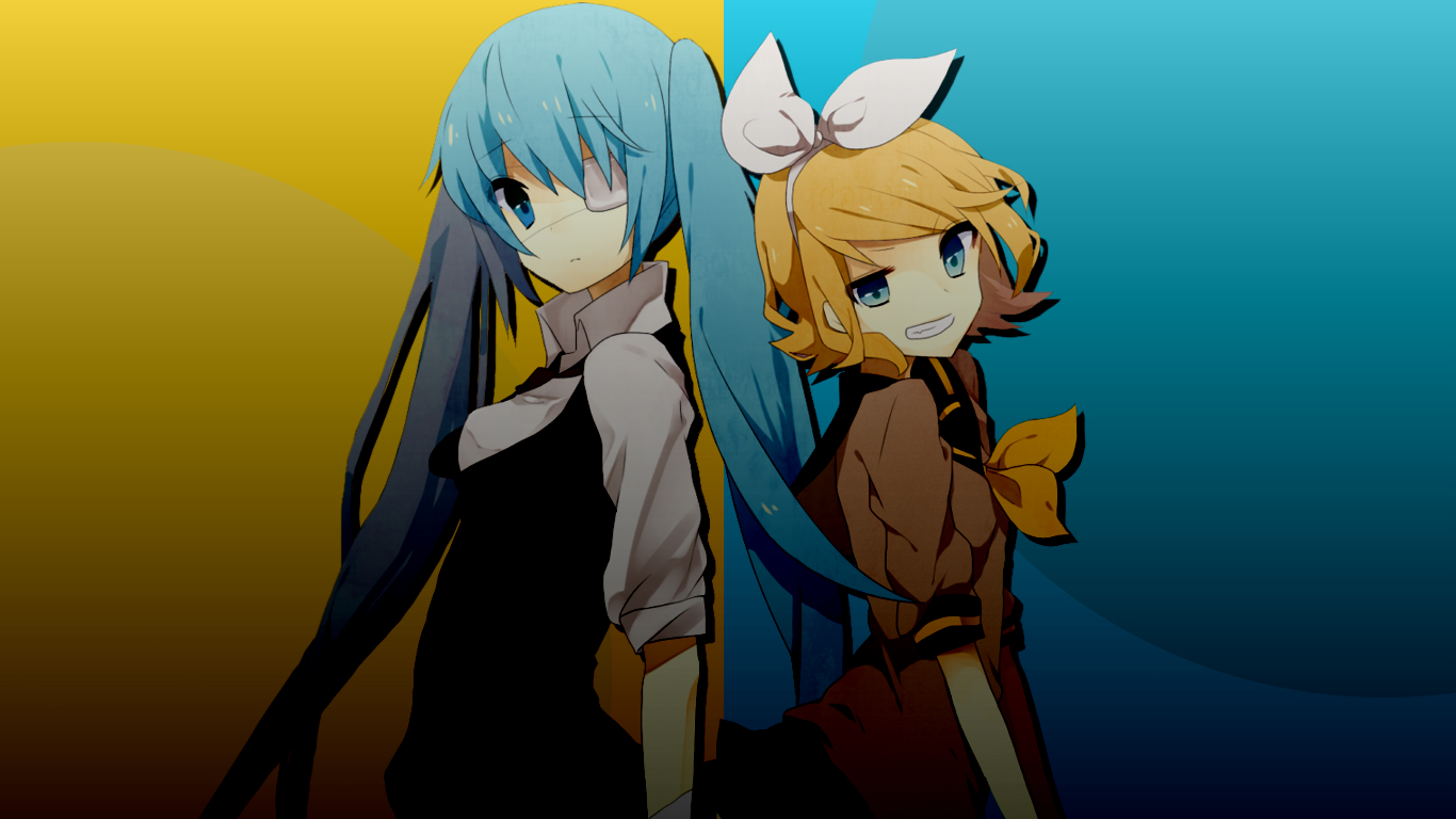 blonde_hair, blue_eyes, blue_hair, eyepatch, hatsune_miku, kagamine_rin, long_hair, rolling_girl_(vocaloid)