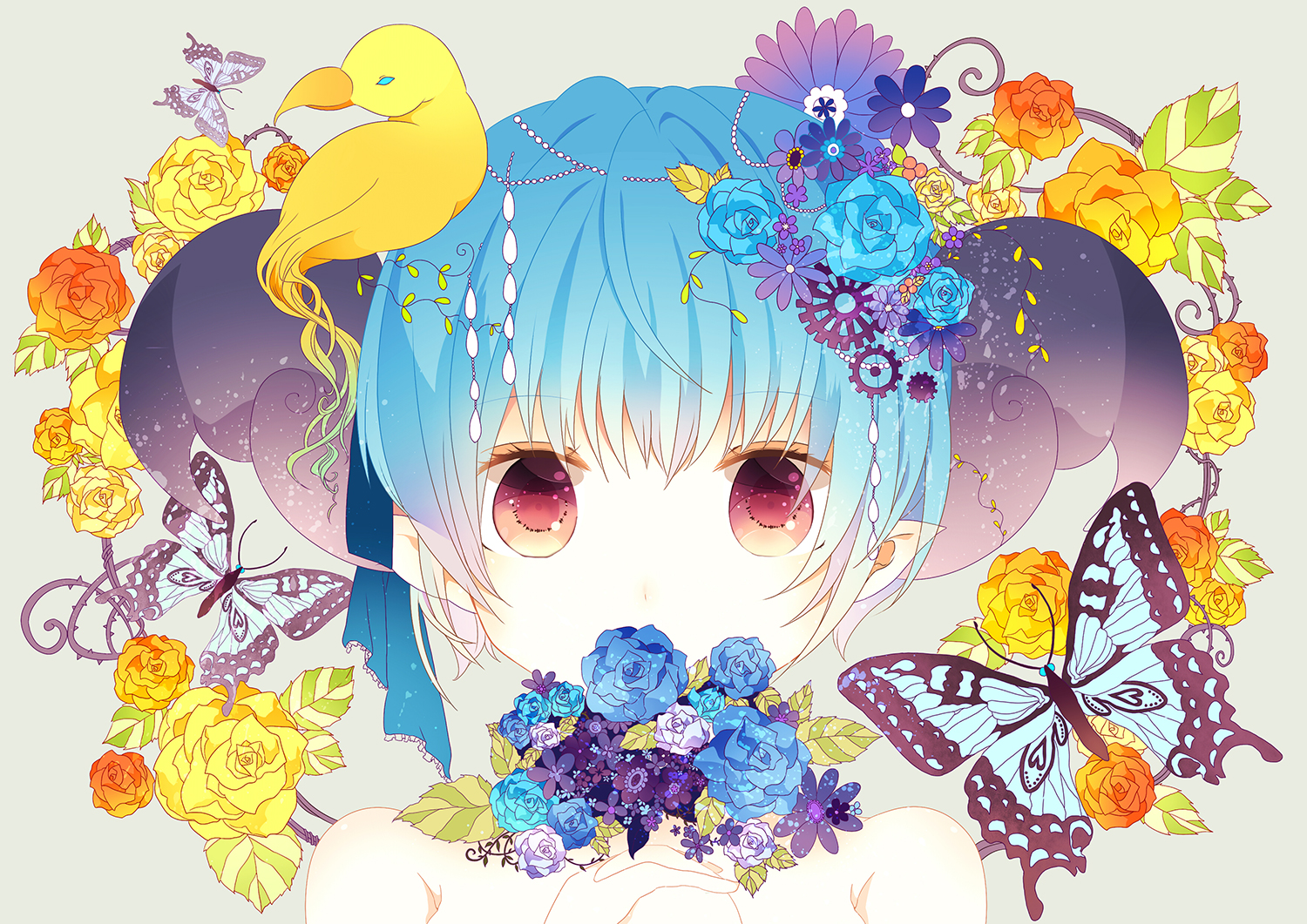 animal, bird, blue_hair, butterfly, flowers, mmco, original, rose
