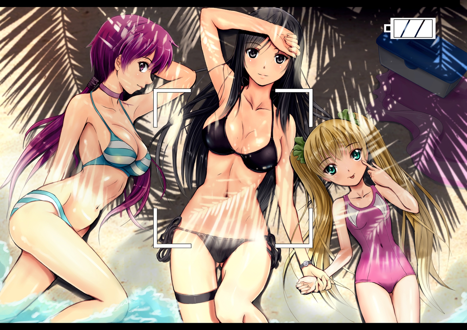 bikini, black_eyes, black_hair, blonde_hair, blue_eyes, brown_eyes, original, purple_hair, soyokaze, swimsuit