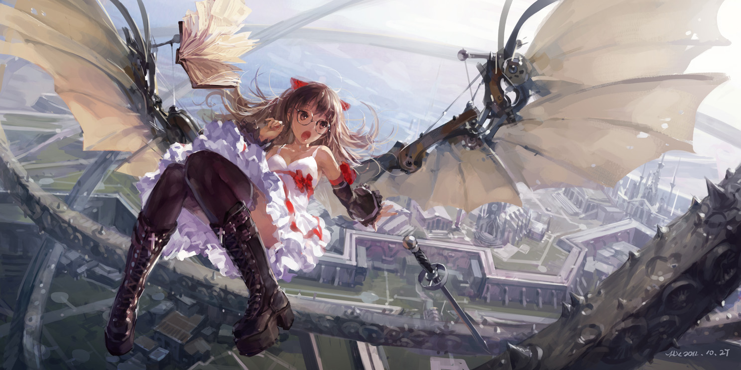 book, boots, brown_eyes, brown_hair, city, dress, glasses, hjl, original, signed, sword, thighhighs, weapon, wings
