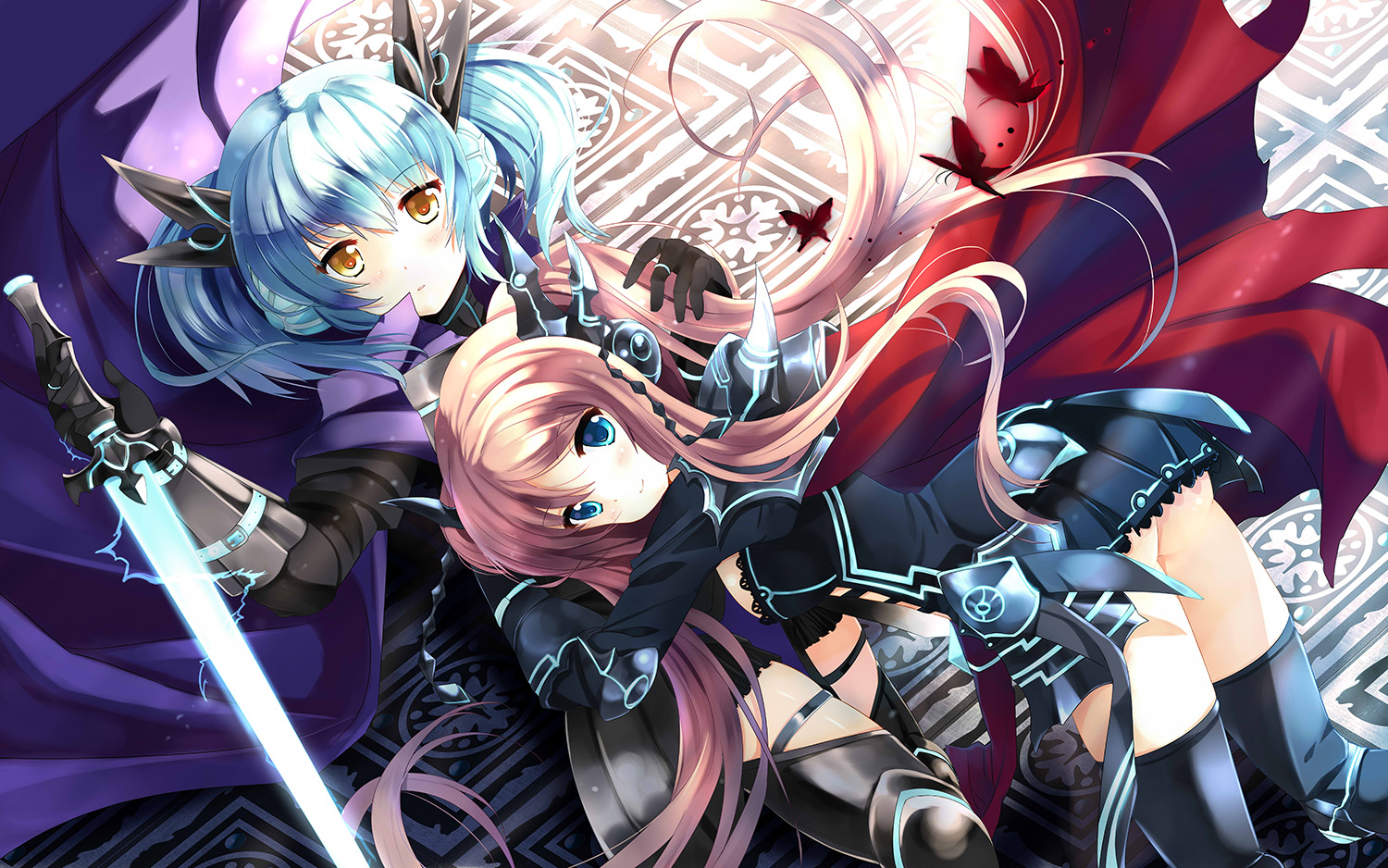 2girls, aqua_hair, armor, blue_eyes, brown_hair, cape, cardfight!!_vanguard, long_hair