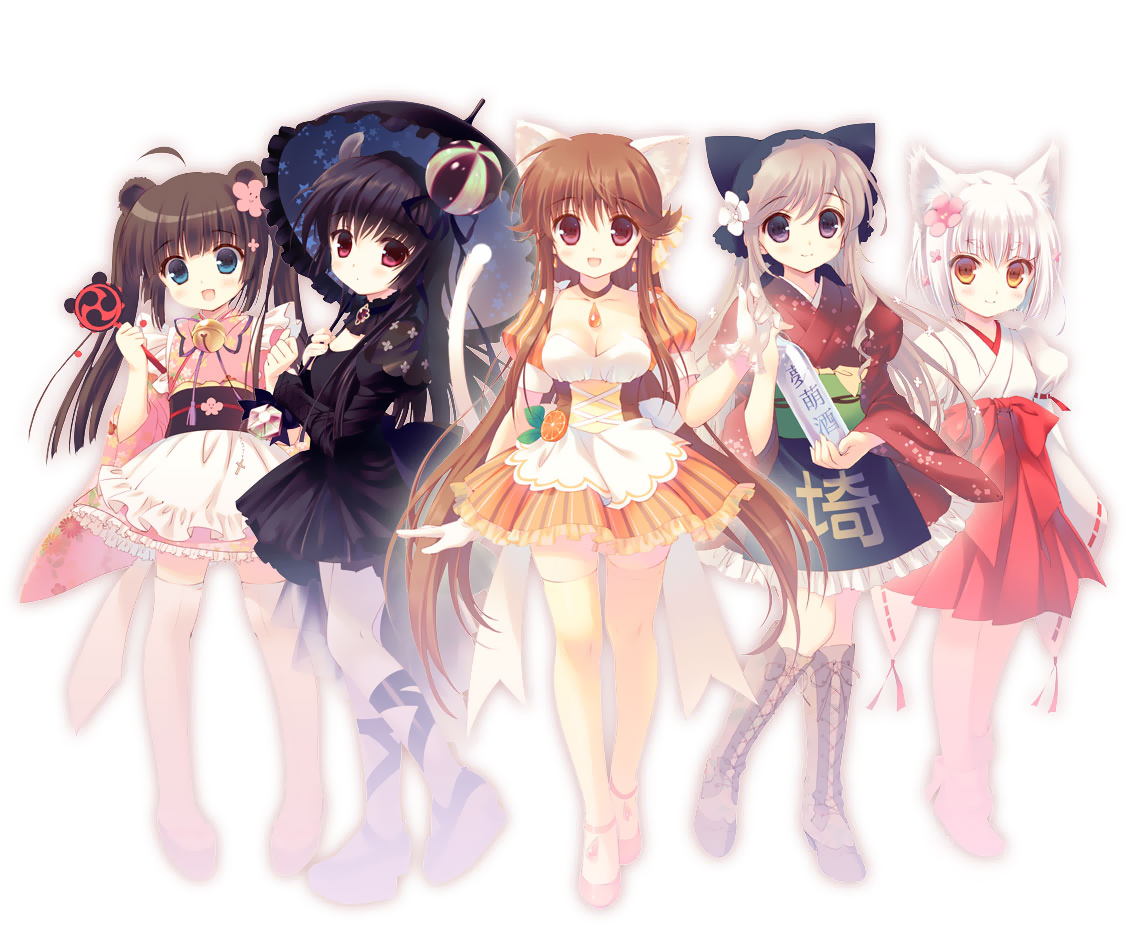 animal_ears, bell, black_hair, blonde_hair, blue_eyes, boots, bow, breasts