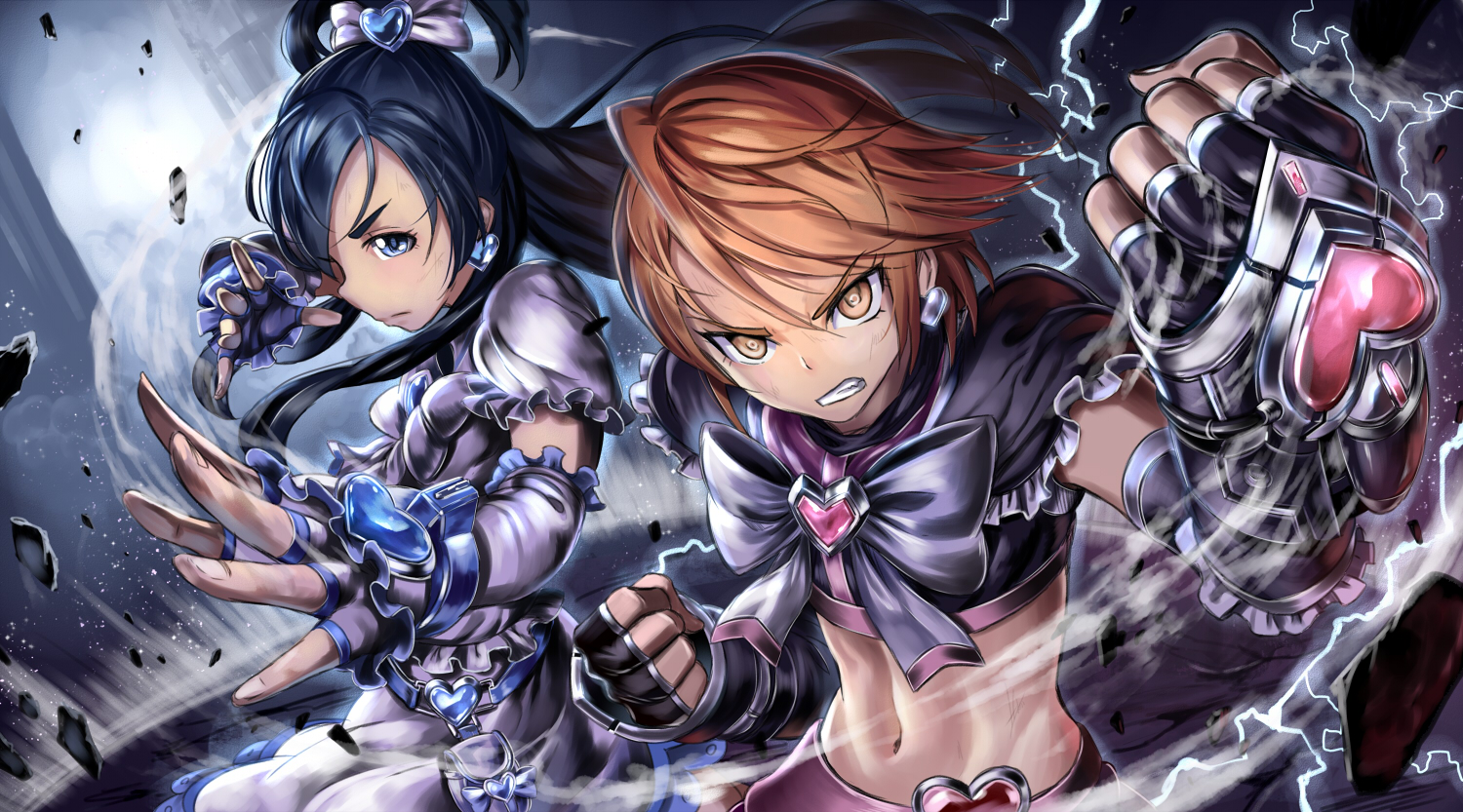 black_hair, blue_eyes, brown_eyes, brown_hair, cure_black, cure_white, elbow_gloves, futari_wa_precure, gloves, misumi_nagisa, navel, precure, saku_(saku9595), yukishiro_honoka