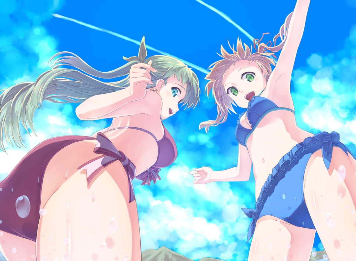 2girls, ass, bikini, original, ponytail, swimsuit, touboku