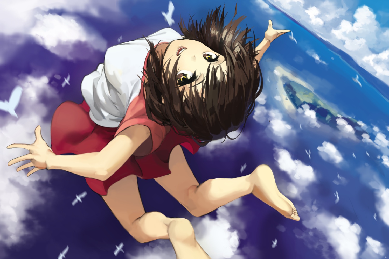 animal, barefoot, bird, brown_eyes, brown_hair, clouds, original, rai32019