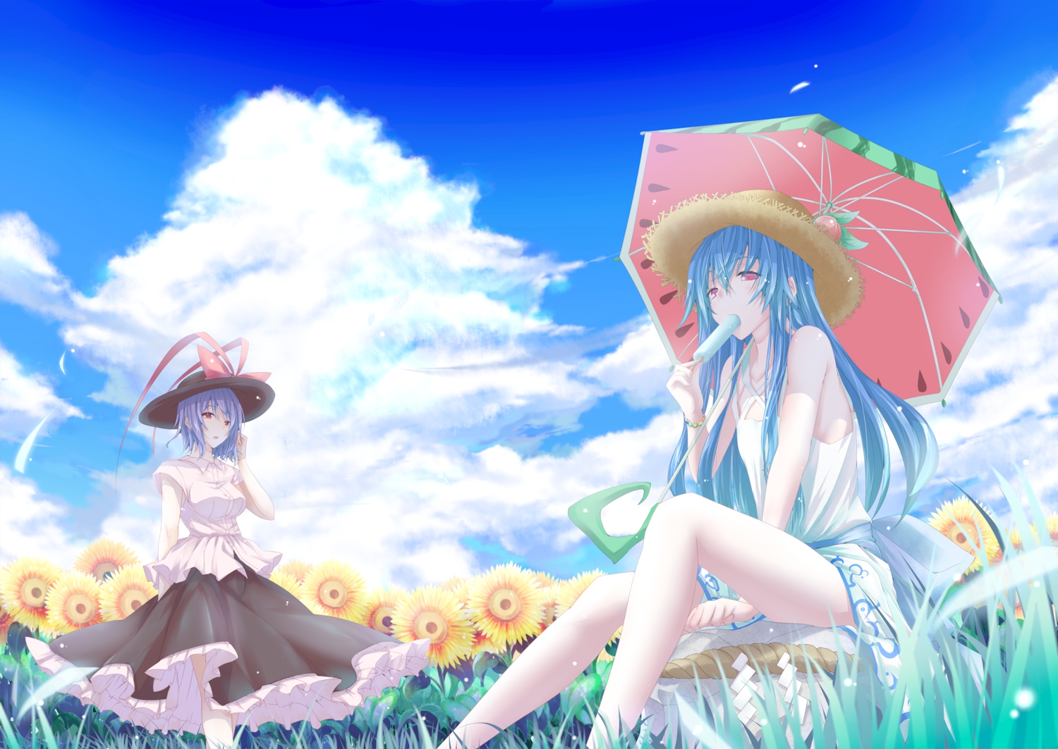 blue_hair, clouds, flowers, grass, hat, hinanawi_tenshi, kinsenka, nagae_iku, popsicle, sky, sunflower, touhou, umbrella
