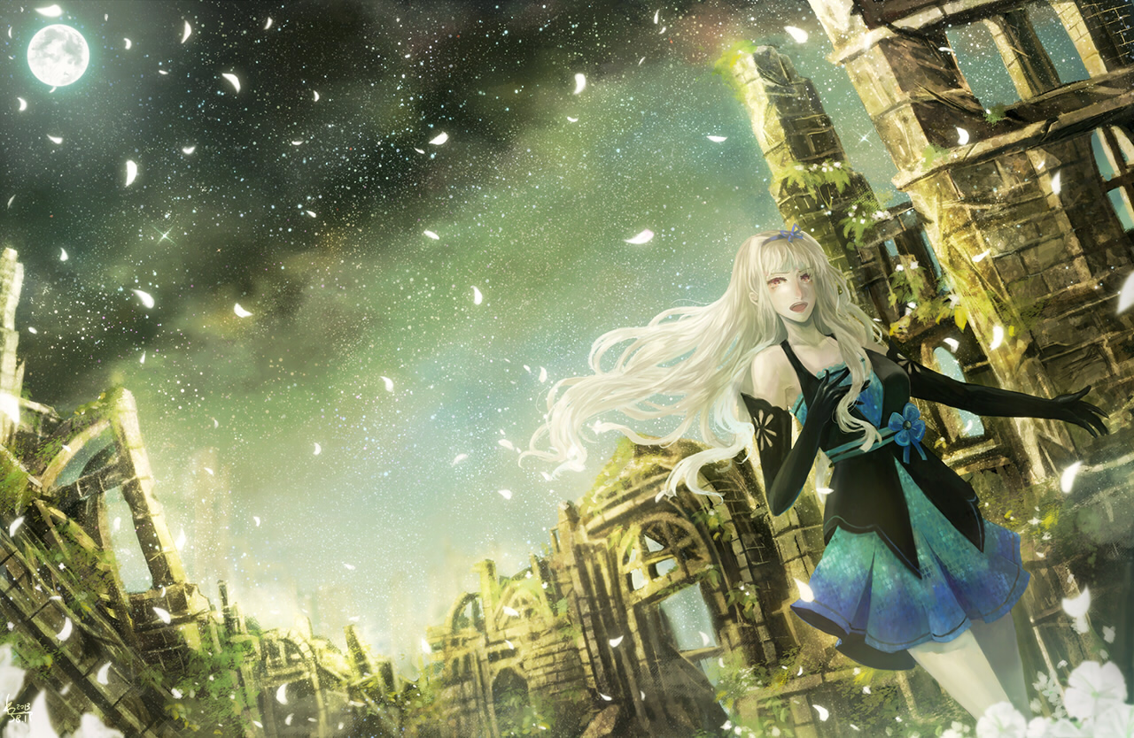 dress, flowers, idolmaster, moon, nako_(nonrain), night, petals, ruins