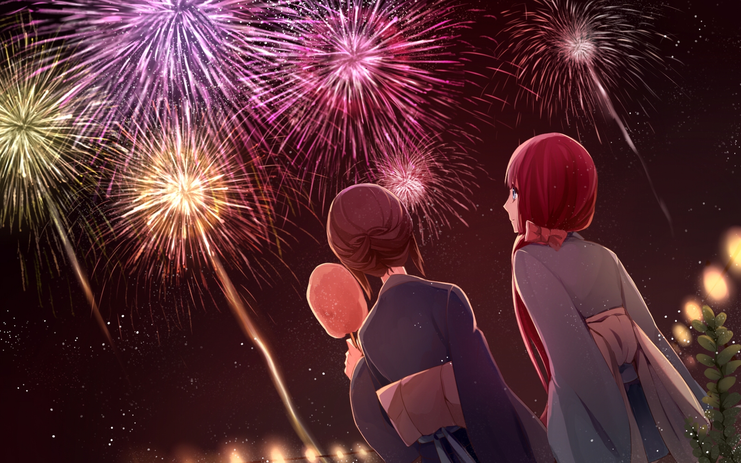 2girls, akizuki_maria, blue_eyes, brown_hair, fireworks, japanese_clothes, jiman, kimono, red_hair, shin_sekai_yori, watanabe_saki, yukata