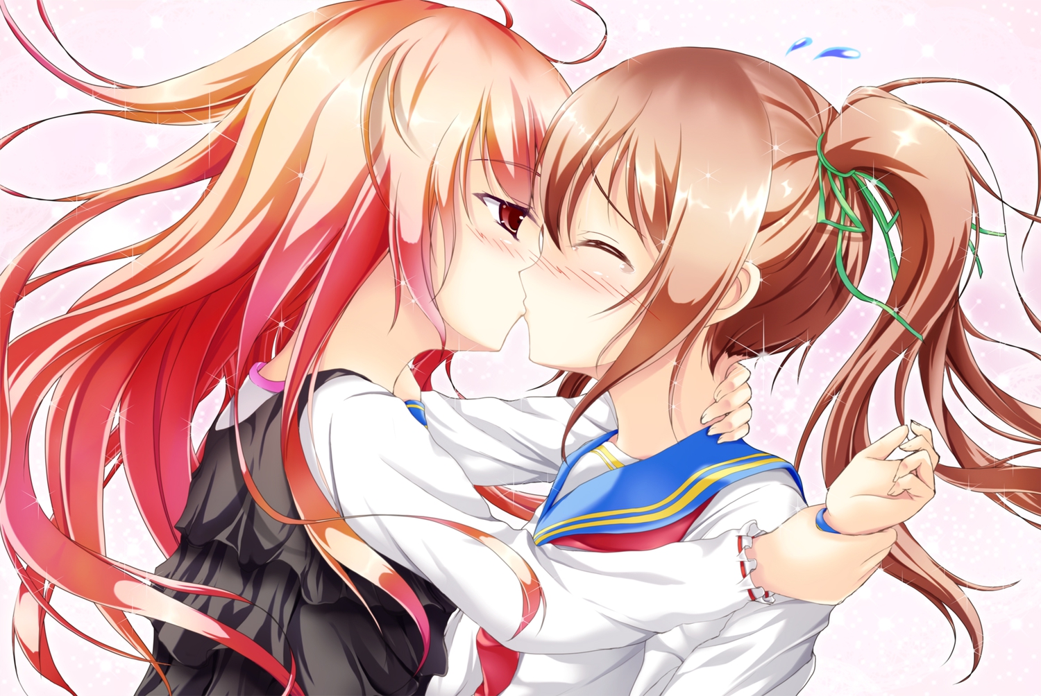 2girls, blush, brown_hair, hiro_(725611), kiss, original, pink_hair, red_eyes, school_uniform, shoujo_ai, twintails