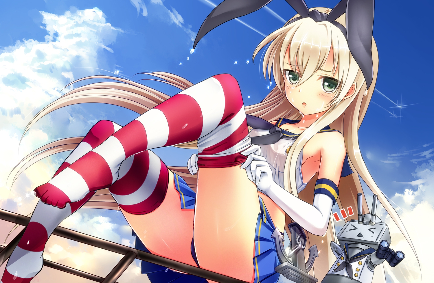 anthropomorphism, blonde_hair, blush, clouds, elbow_gloves, gloves, green_eyes, headband, kantai_collection, long_hair, panties, rensouhou-chan, shimakaze_(kancolle), skirt, thighhighs, underwear, wet, yukiko013