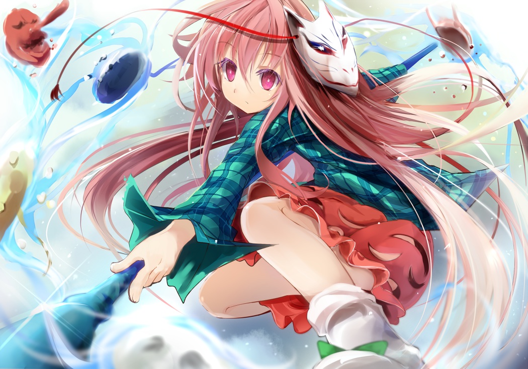 efe, hata_no_kokoro, long_hair, mask, red_eyes, red_hair, touhou