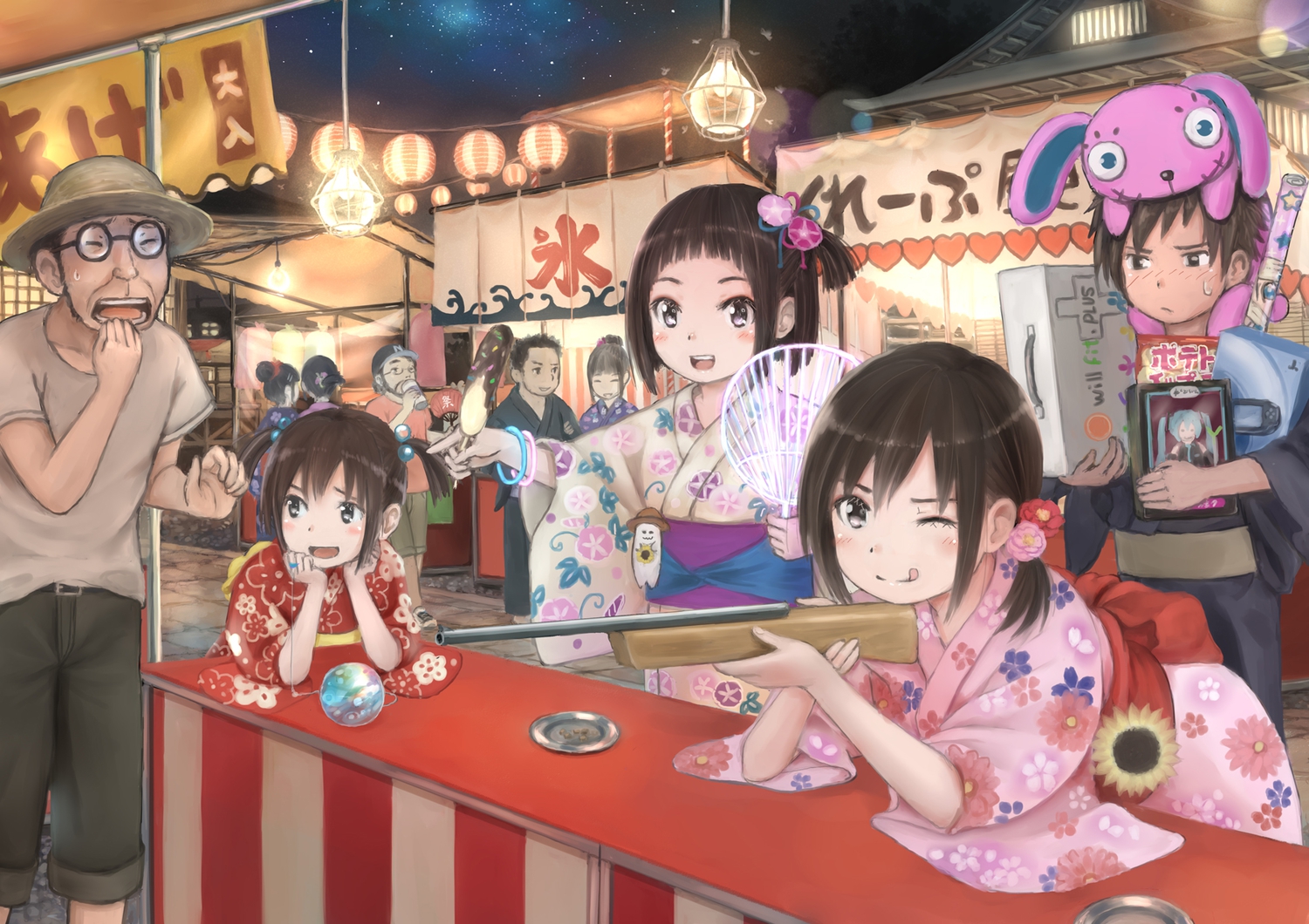 brown_hair, fan, festival, food, gun, japanese_clothes, kimono, original, short_hair, summer, taka_(tsmix), twintails, weapon, wink, yukata