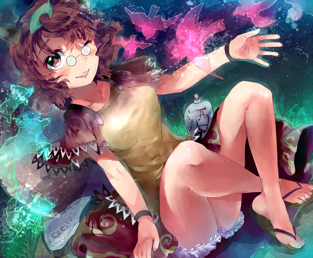 blush, brown_hair, futatsuiwa_mamizou, glasses, hoshika_ranoe, short_hair, touhou, wink