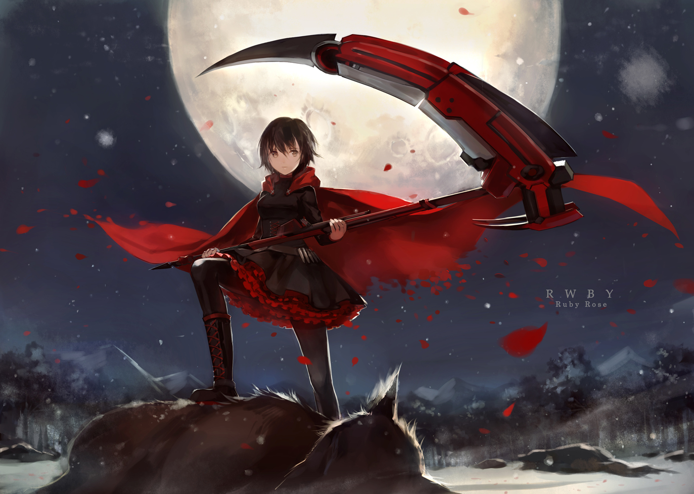 cape, cotta, moon, night, petals, ruby_rose, rwby, scythe, weapon