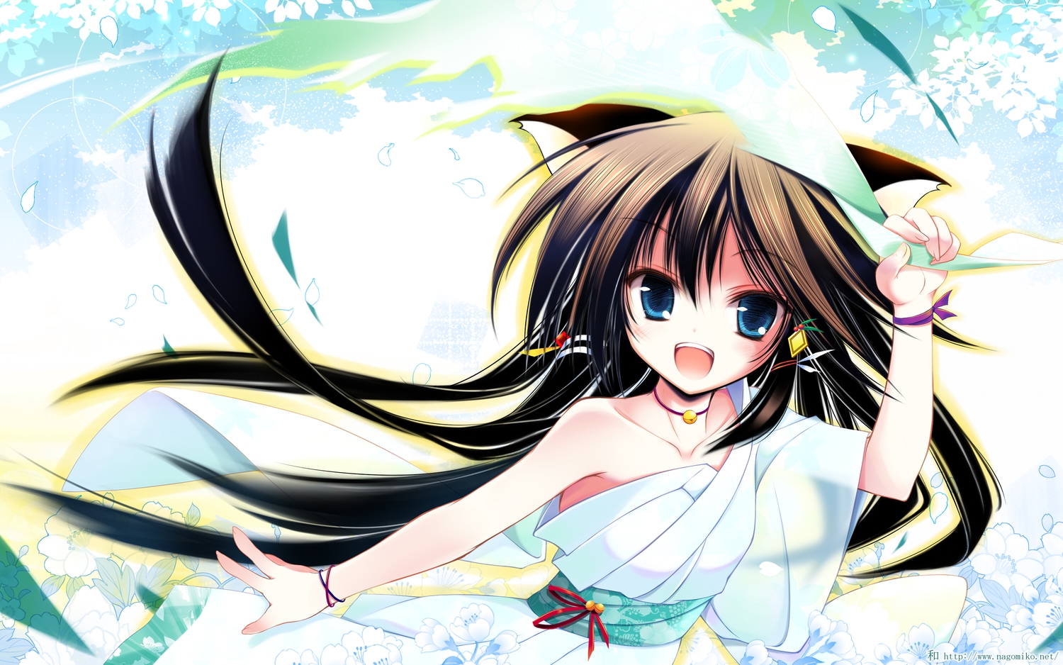 animal_ears, bell, black_hair, blue_eyes, catgirl, flowers, japanese_clothes, long_hair