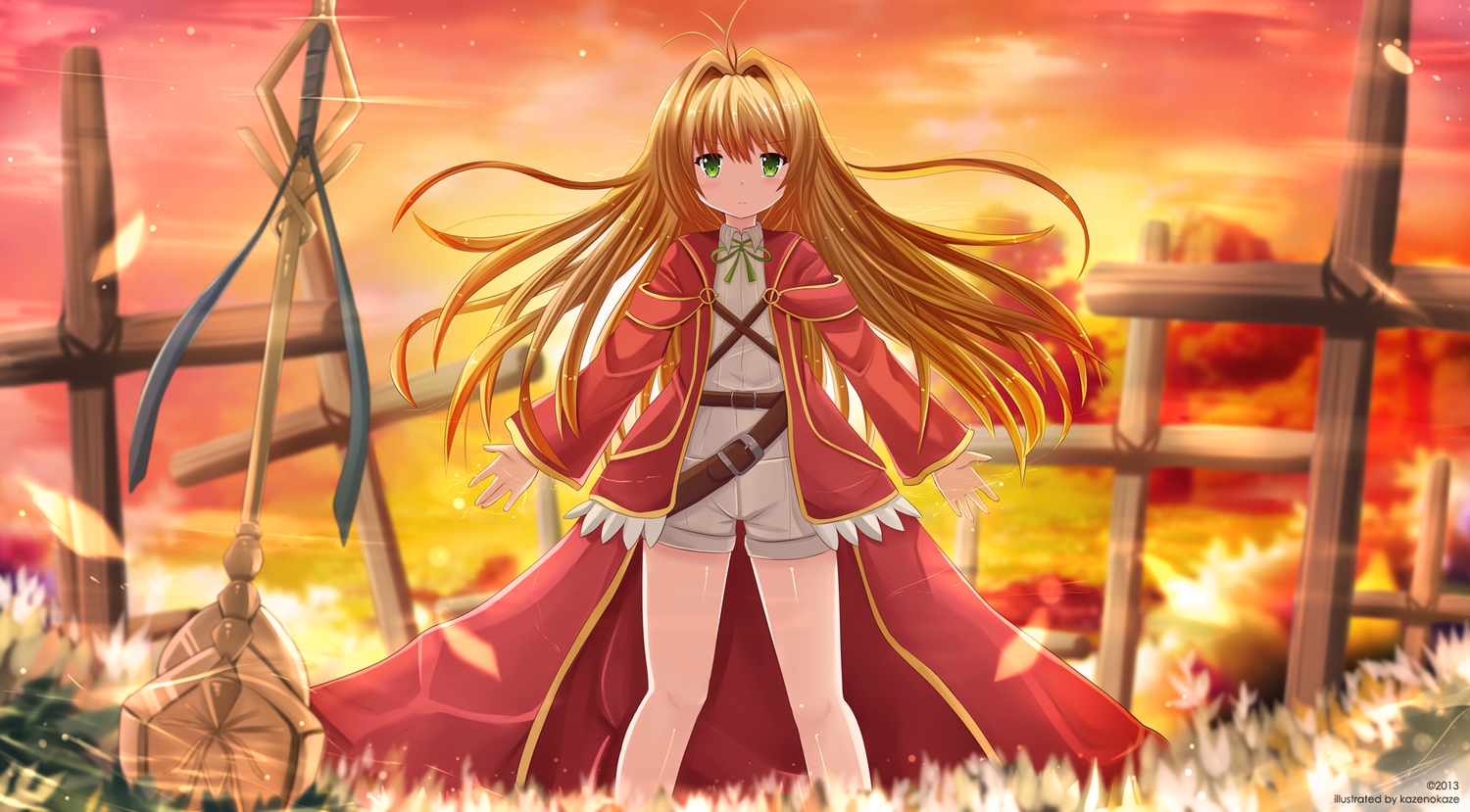 ai_astin, blonde_hair, flowers, green_eyes, kamisama_no_inai_nichiyoubi, kazenokaze, long_hair, petals