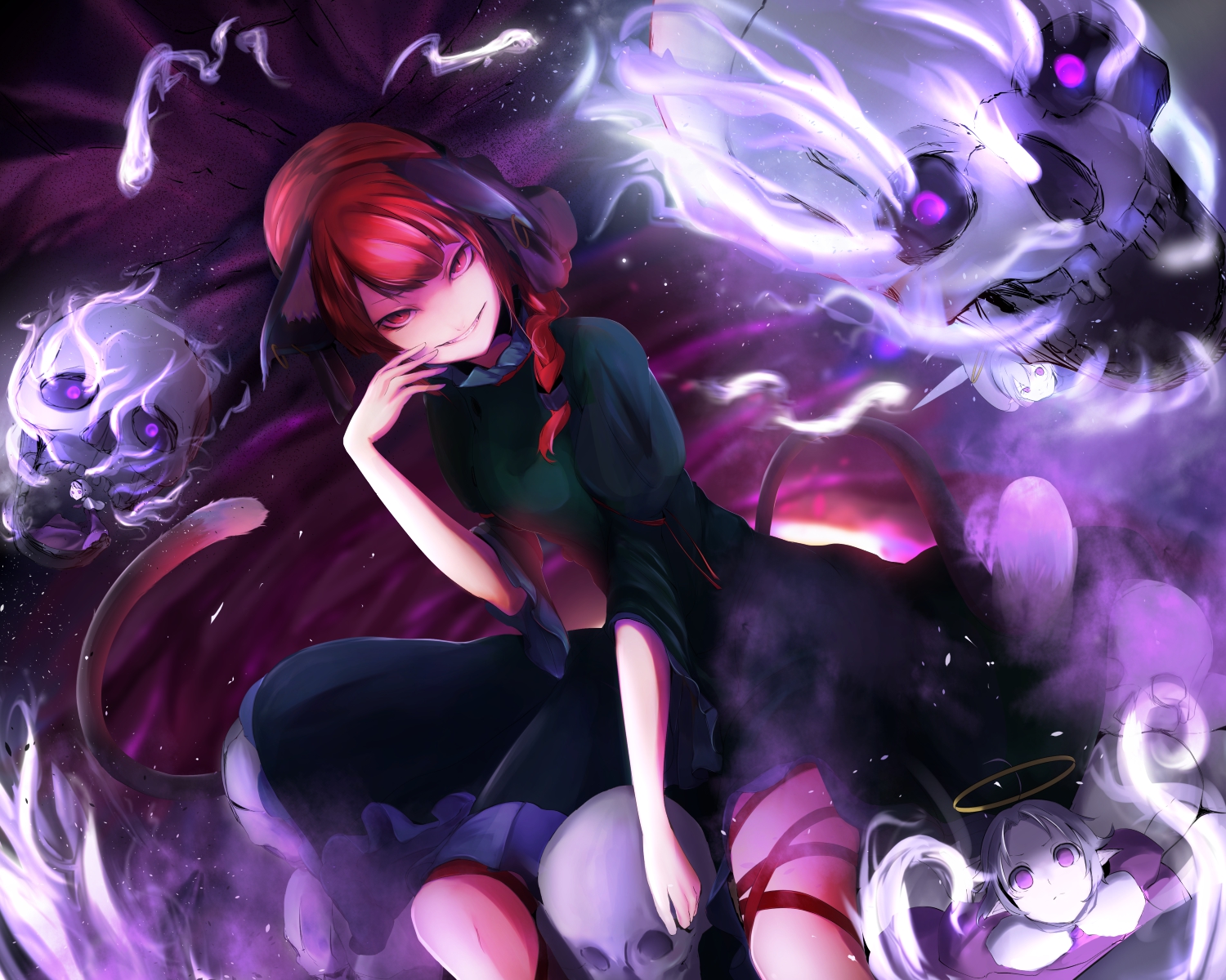 animal_ears, catgirl, kaenbyou_rin, multiple_tails, skull, tail, touhou, yugeoryouki, zombie_fairy