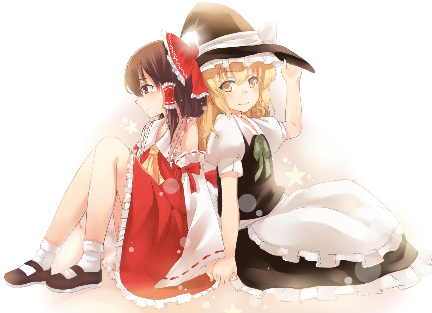 2girls, blonde_hair, brown_eyes, brown_hair, hakurei_reimu, hat, japanese_clothes, kirisame_marisa, miko, shoujo_ai, shoutai_(7490773), socks, tears, touhou, witch, yellow_eyes