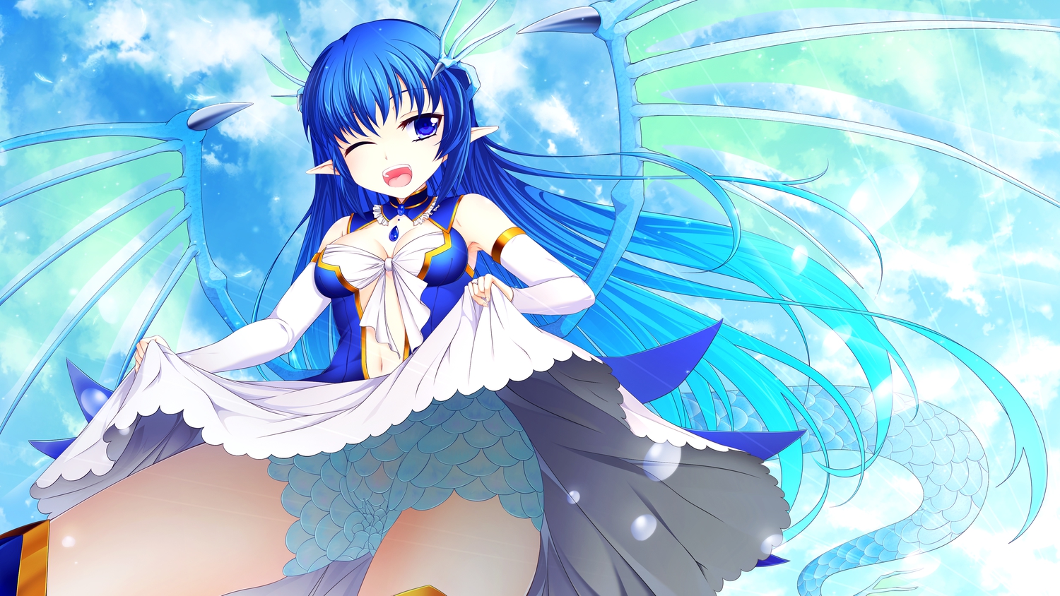 blue_eyes, blue_hair, leviathan_(zettai_bouei_leviathan), pointed_ears, skirt, skirt_lift, urepito_honke, wings, wink, zettai_bouei_leviathan