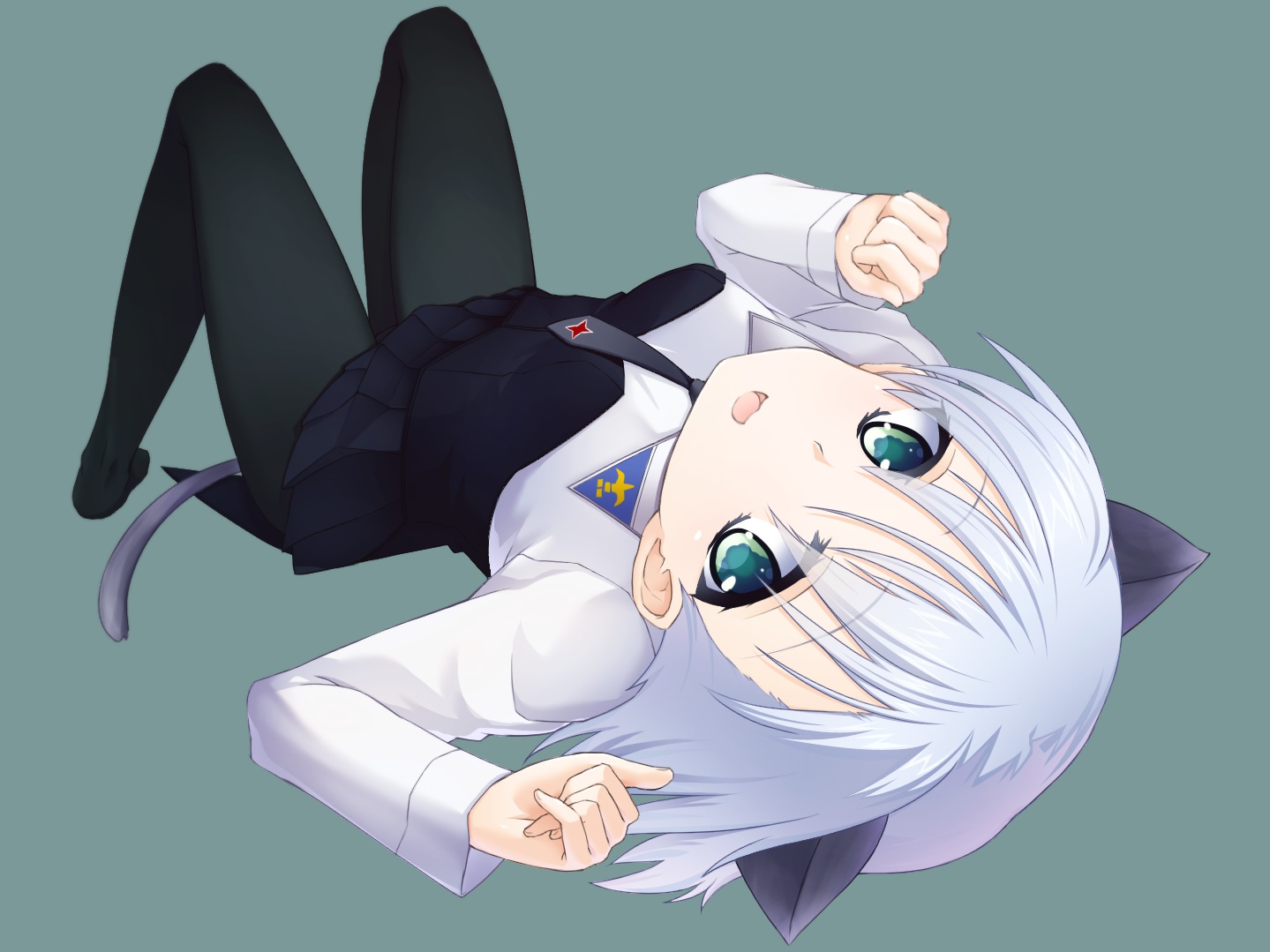 animal_ears, catgirl, gray_hair, green_eyes, pantyhose, sanya_v_litvyak, strike_witches, tail, tie, uniform, urepito_honke