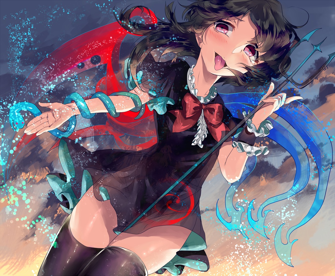 black_hair, blush, hoshika_ranoe, houjuu_nue, pink_eyes, thighhighs, touhou, wings