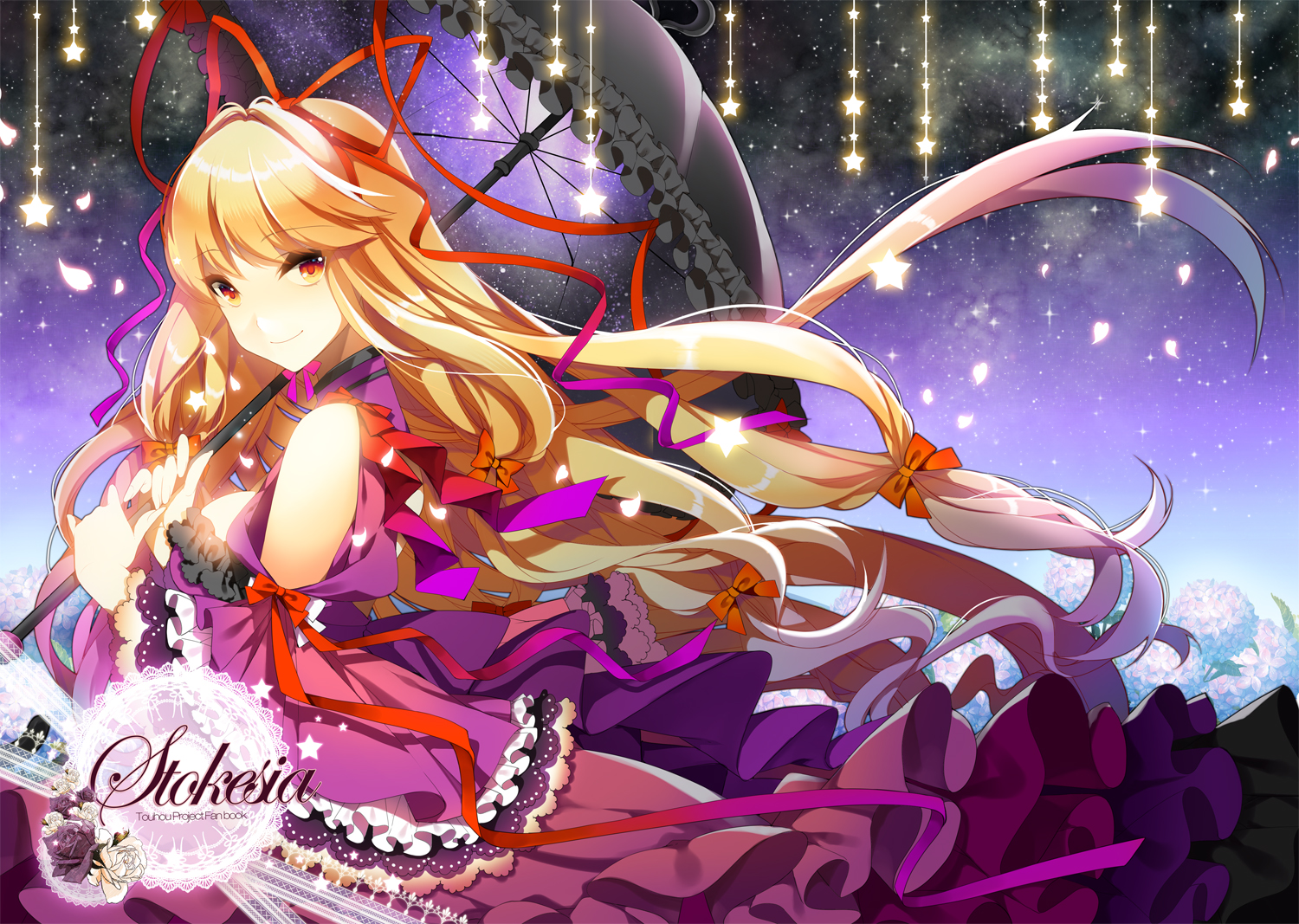 blonde_hair, dress, jeminl, long_hair, orange_eyes, petals, stars, touhou