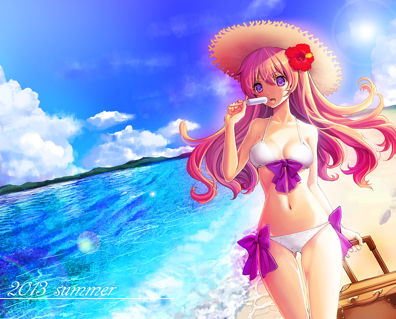 beach, bikini, hat, okuma_mai, original, popsicle, purple_eyes, swimsuit