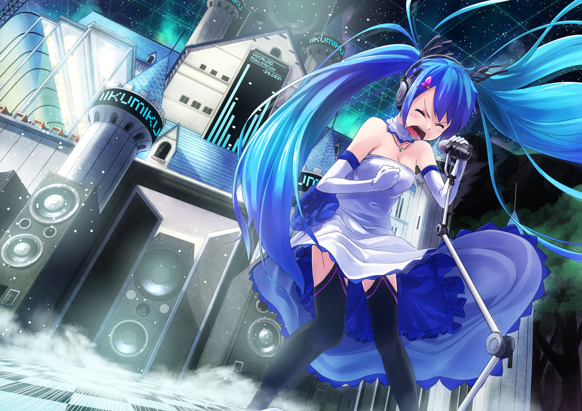 blue_hair, dress, hatsune_miku, headphones, long_hair, microphone, thighhighs, tokumaro