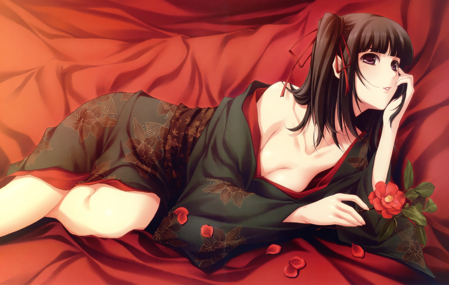 breasts, cleavage, flowers, innocent_grey, japanese_clothes, kimono, nagomibako, no_bra, purple_eyes, rin_(innocent_grey), sugina_miki