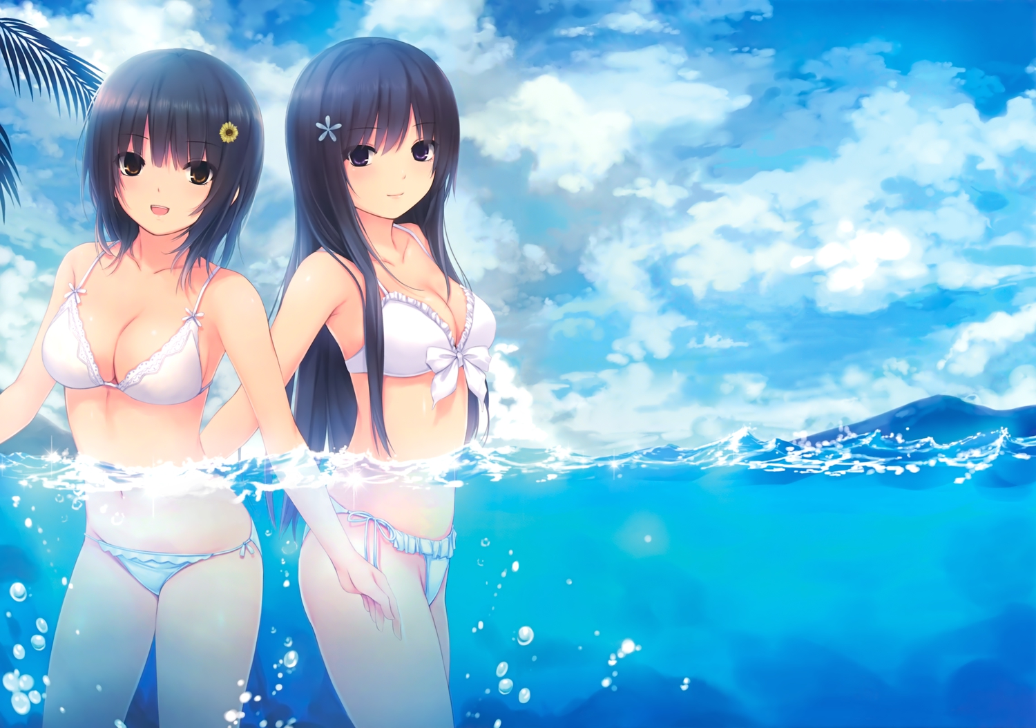 2girls, aoyama_sumika, bikini, black_hair, breasts, brown_eyes, cleavage, clouds