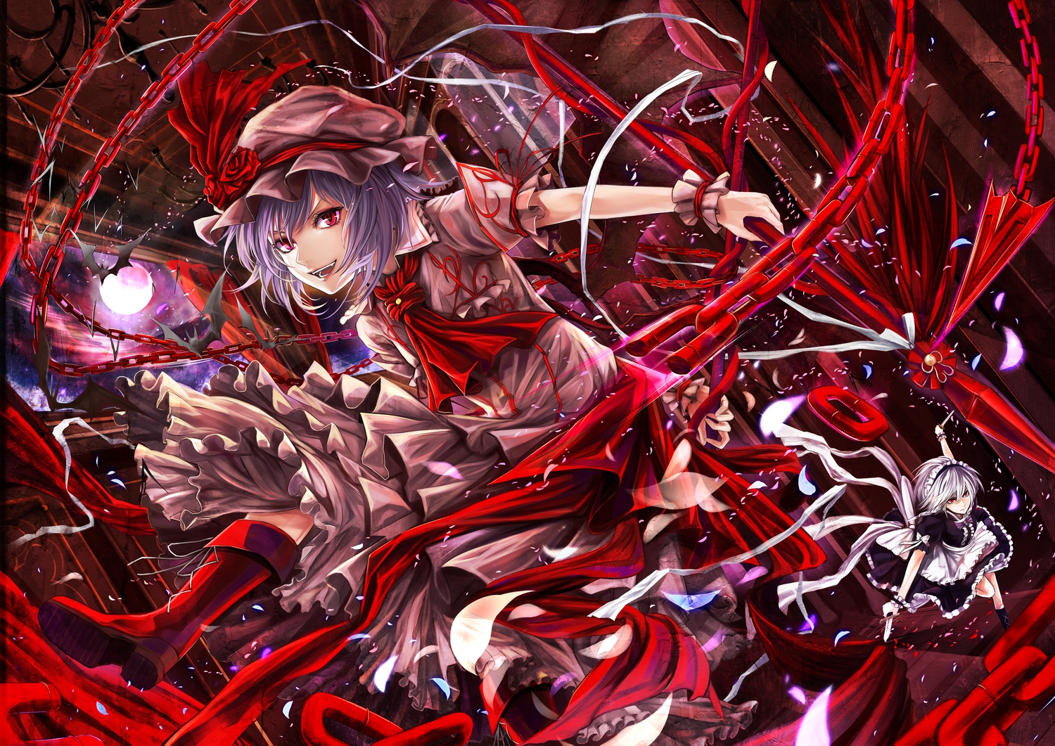 chain, izayoi_sakuya, kazabana_fuuka, maid, petals, remilia_scarlet, touhou, vampire
