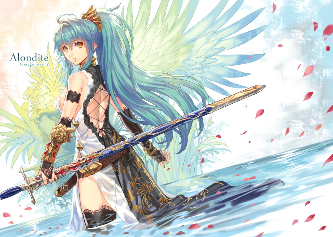 blue_hair, original, petals, ponytail, ran'ou_(tamago_no_kimi), sword, water, weapon, wings, yellow_eyes