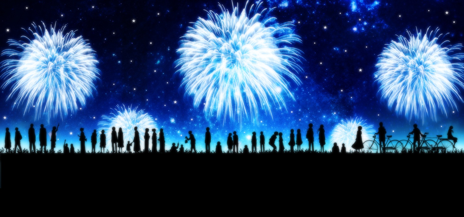 bicycle, fireworks, harada_miyuki, night, original, silhouette, sky, stars