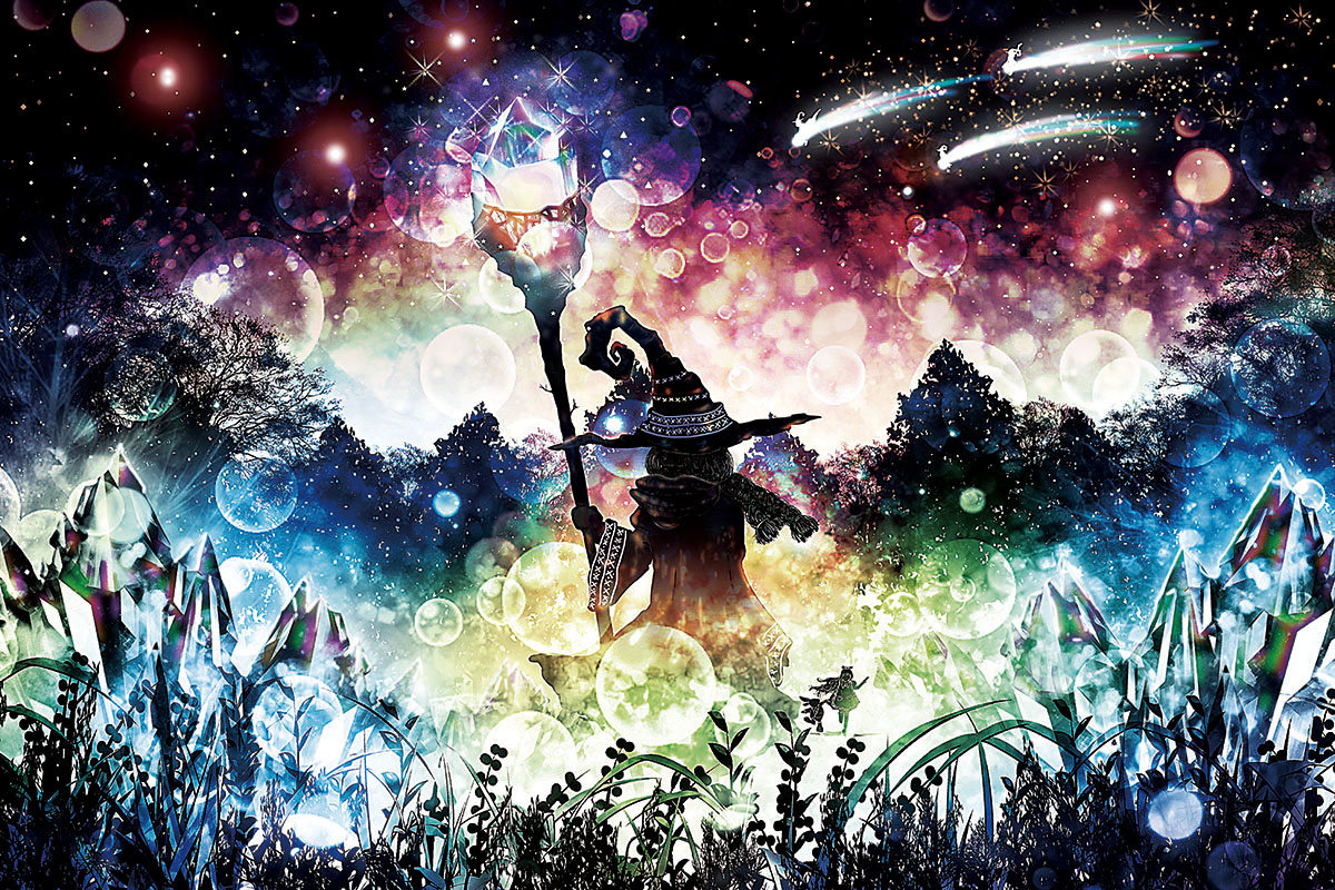 harada_miyuki, hat, original, silhouette, sky, staff, stars, witch_hat