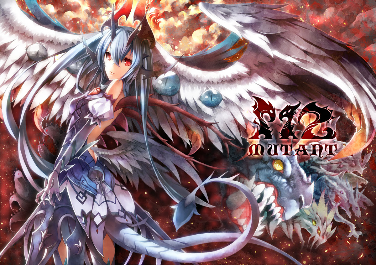 blue_hair, horns, original, red_eyes, senzi, tail, wings