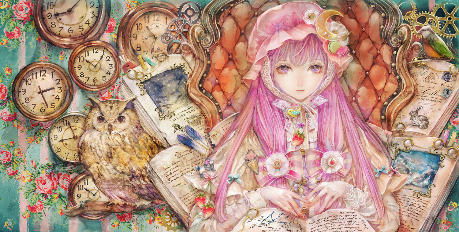 animal, bird, book, flowers, lolita_fashion, owl, patchouli_knowledge, purple_eyes